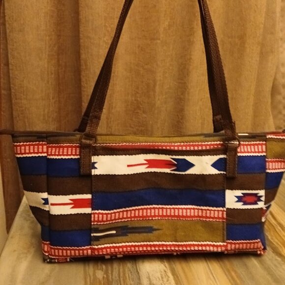 New Western Canvas Double handle Satchel Purse Shoulder Bag Red White Blue Brown - Picture 2 of 8